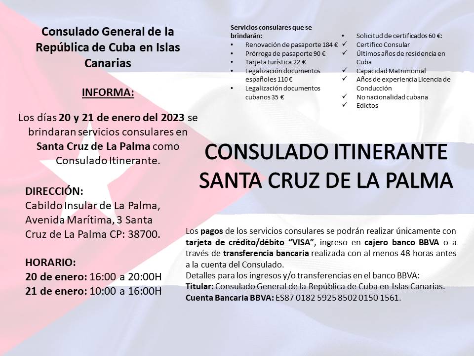 El Cabildo acogerá el consulado itinerante de Cuba el próximo 20 y 21 de enero 
