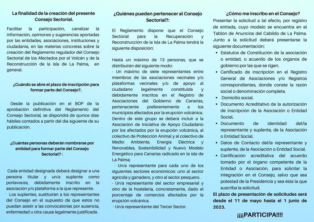 El Cabildo abre el plazo de inscripción al Consejo Sectorial para la recuperación y reconstrucción de La Palma