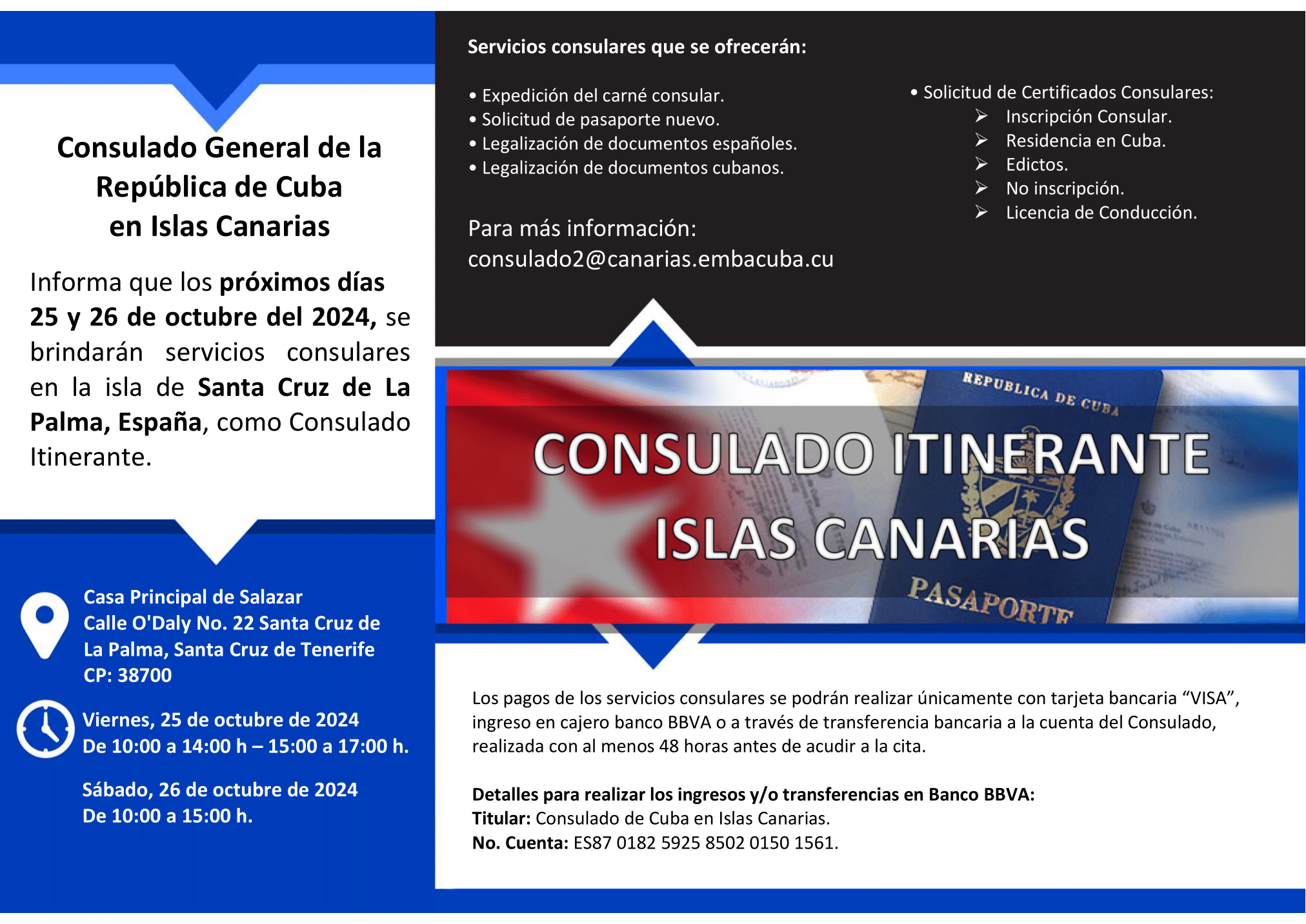 El Cabildo acogerá el Consulado Itinerante de Cuba los días 25 y 26 de octubre 