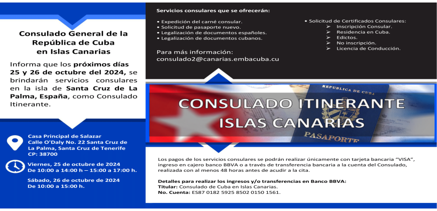 El Cabildo acogerá el Consulado Itinerante de Cuba los días 25 y 26 de octubre 