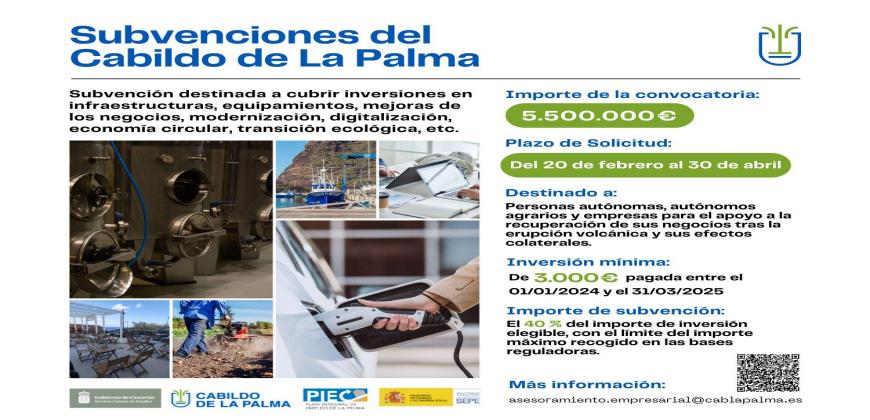 El Cabildo abre la convocatoria de subvenciones para empresas, personas autónomas y autónomos agrarios afectadas por el volcán